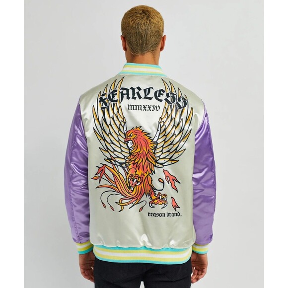 Reason Varsity Jacket Men’s Large Ivory Purple Fearless Tattoo Art Bomber - Picture 4 of 9